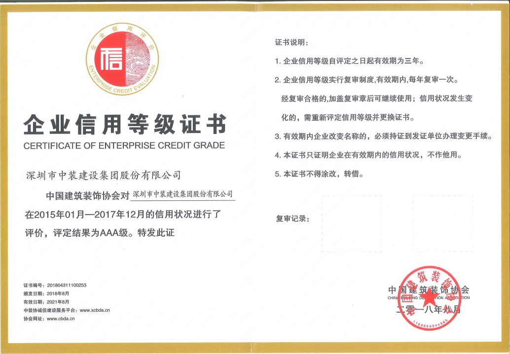 中装建设荣获 “中国od平台AAA级信用企业”称号